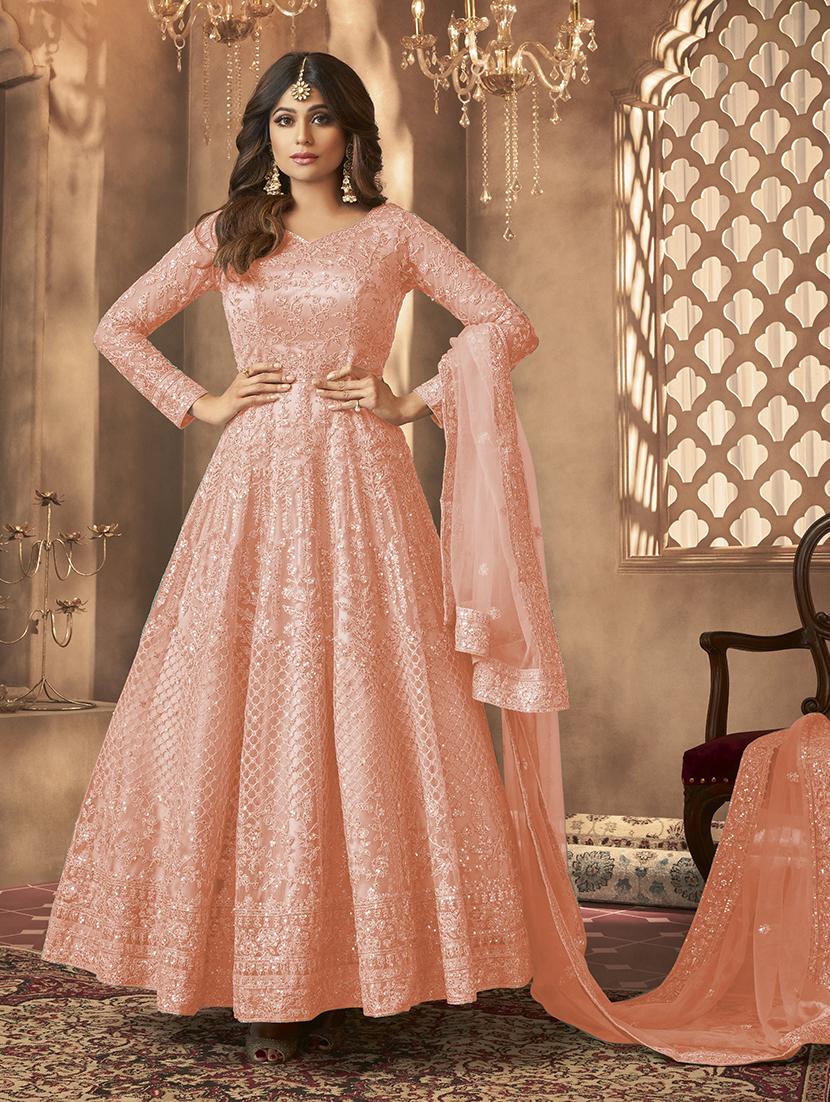 peach net semistitched suit - 21370507 -  Zoom Image - 0