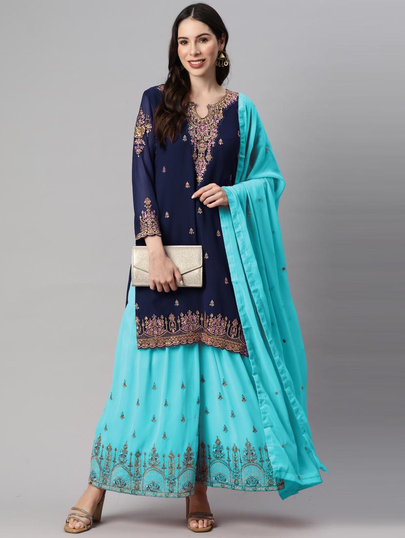women blue sharara suits semi-stitched suit - 21370514 - Zoom Image - 0