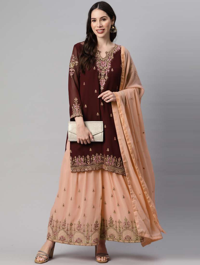 women brown sharara suits semi-stitched suit