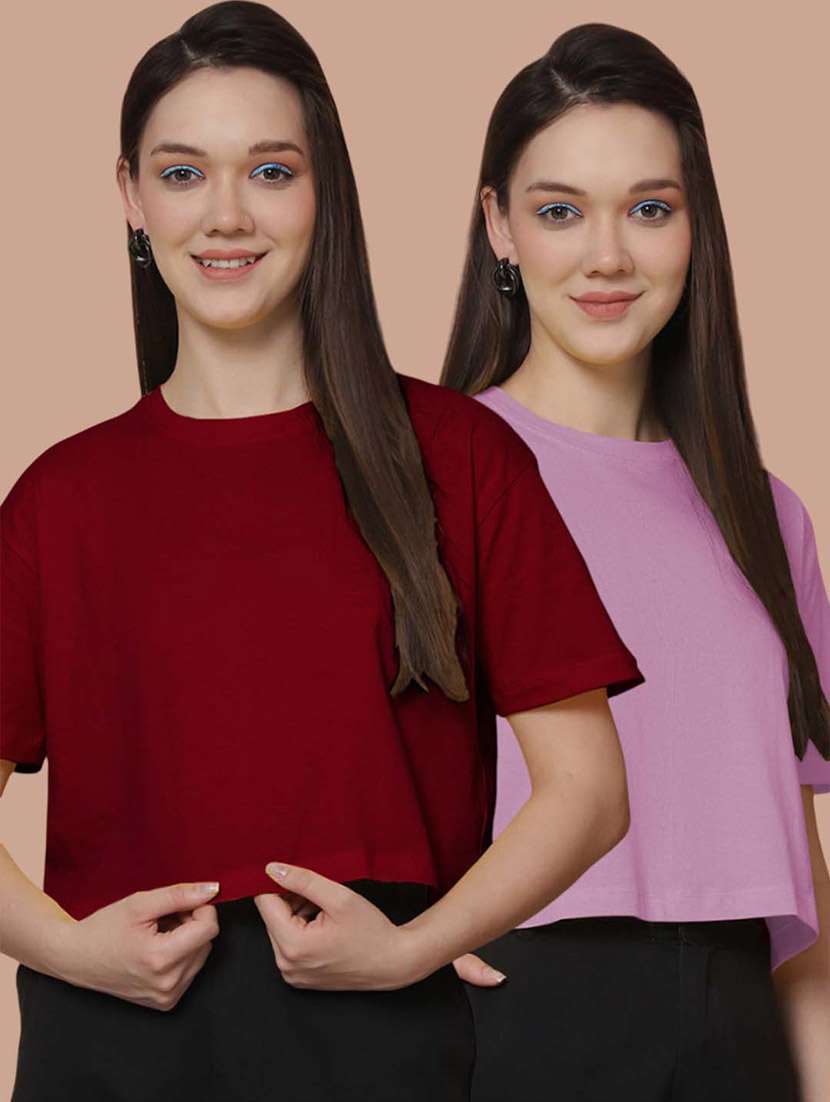 women pack of 2 solid crop t-shirt