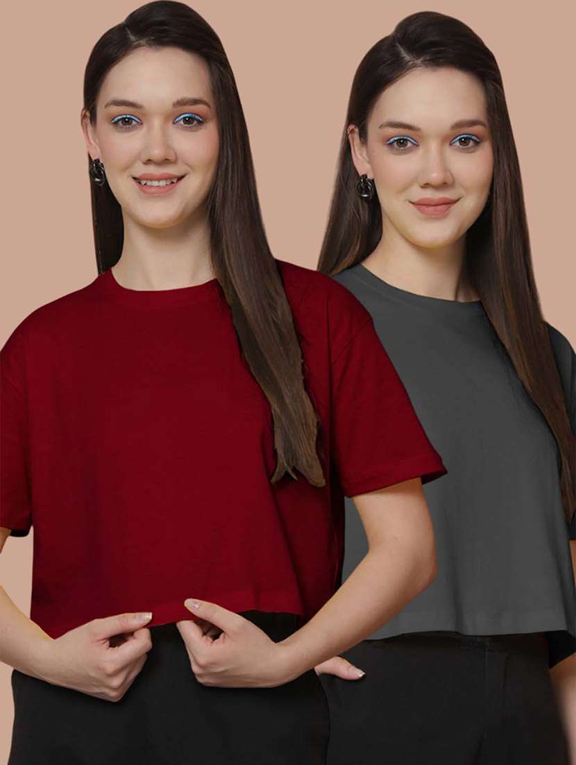 women pack of 2 solid crop t-shirt
