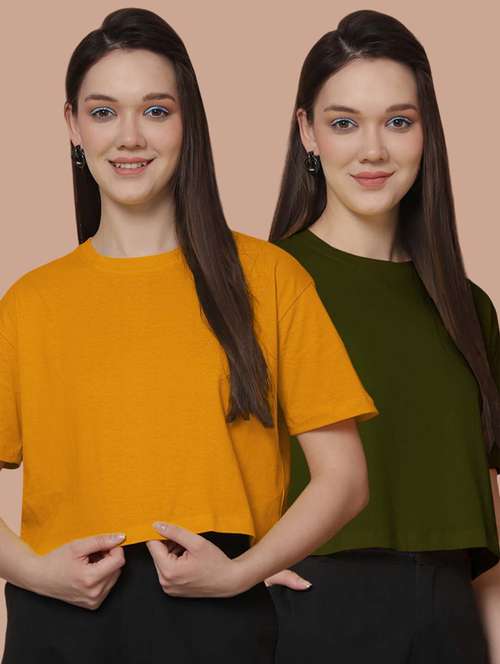 women pack of 2 solid short sleeve crop t-shirt