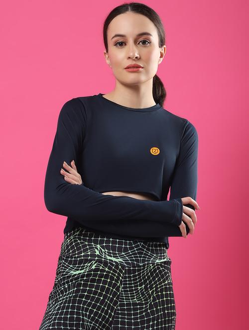 blue cut-out waist full sleeve activewear crop top - 21370926 - Standard Image - 0