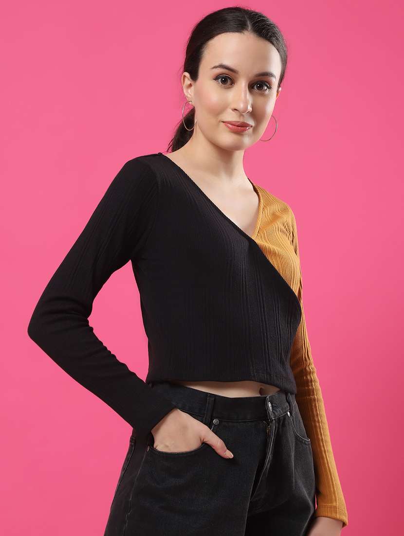 women color blocked long sleeves crop top - 21370929 - Standard Image - 2