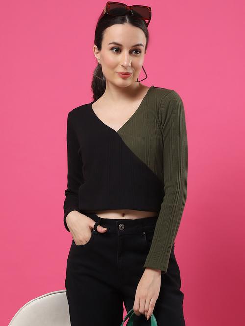 women color blocked long sleeves crop top - 21370930 - Standard Image - 0