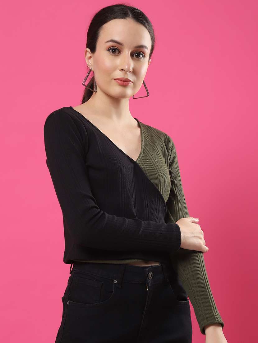 women color blocked long sleeves crop top - 21370931 -  Standard Image - 2