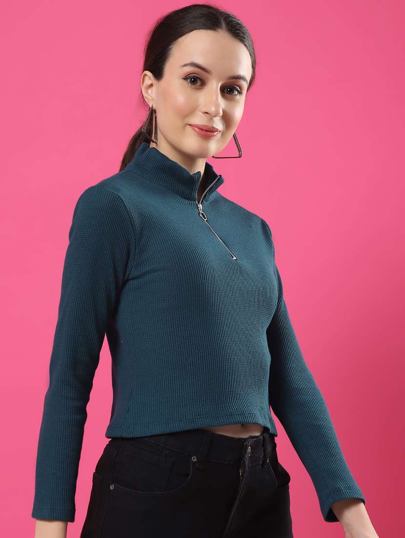 women solid mock neck long sleeves crop top - 21370932 -  Standard Image - 2