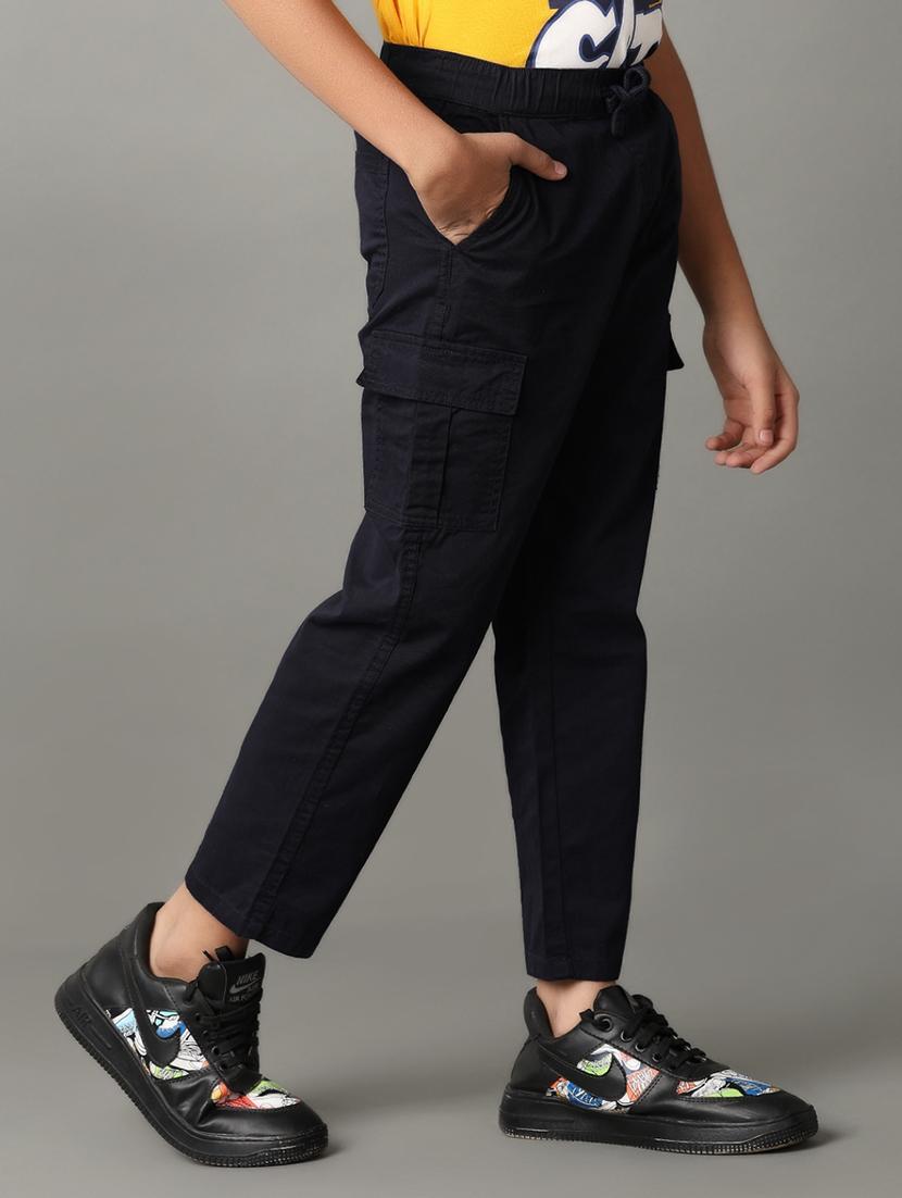 boys navy blue solids cargos trouser - 21371215 - Standard Image - 2