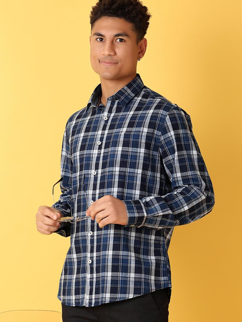 men navy blue regular fit checkered casual shirt - 21371957 - Standard Image - 2