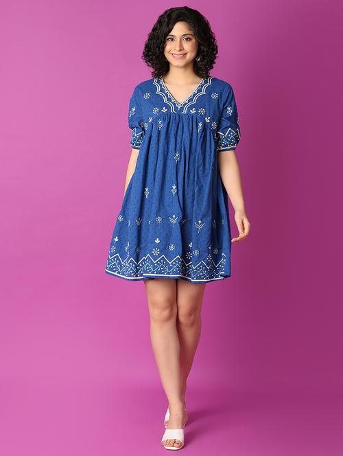 women blue embroidered fit & flare dress - 21371958 - Standard Image - 0