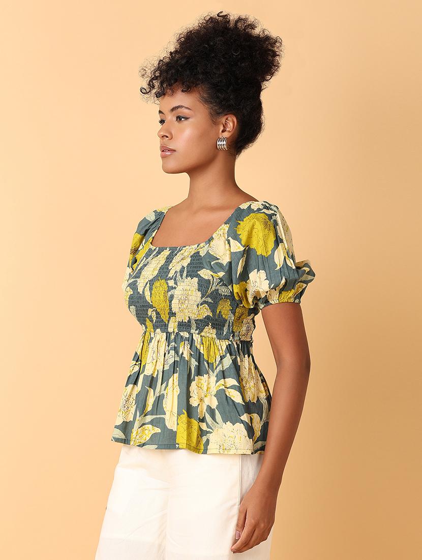 women printed smocked detailed peplum top - 21372008 - Standard Image - 2