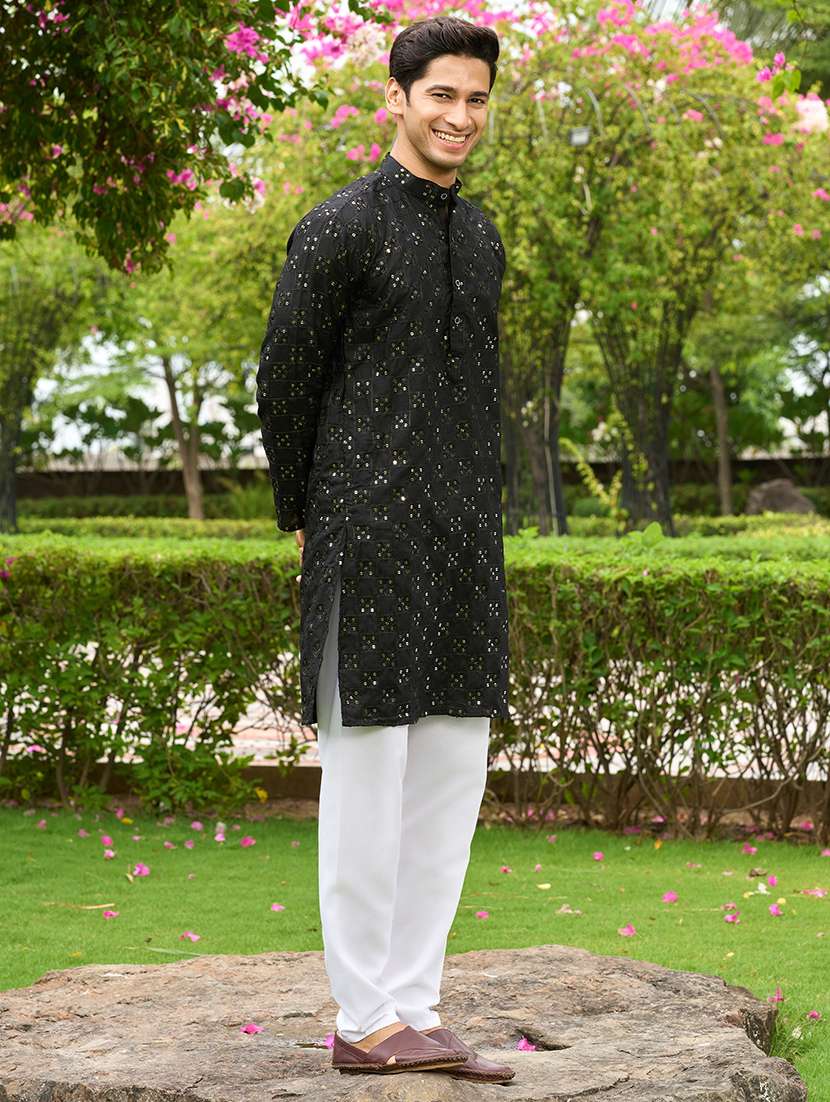 men mandarin neck sequined long kurta - 21372308 - Standard Image - 2