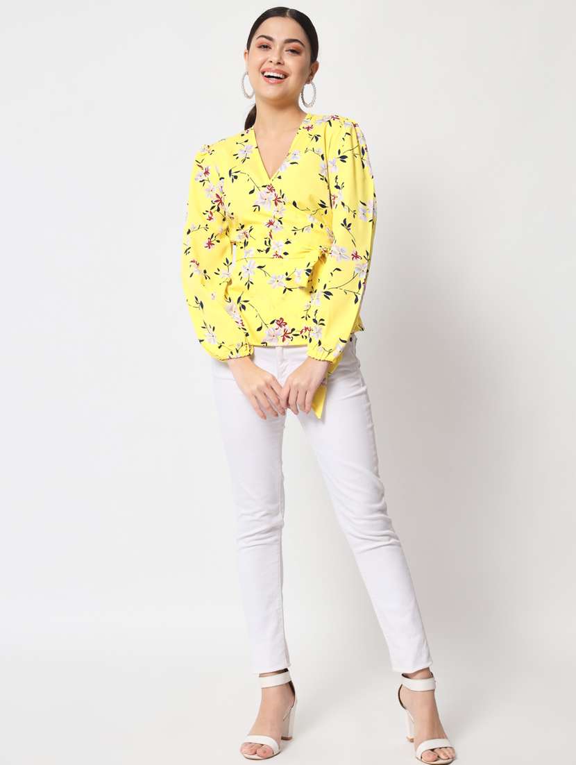yellow floral print wrap top - 21374061 - Standard Image - 2