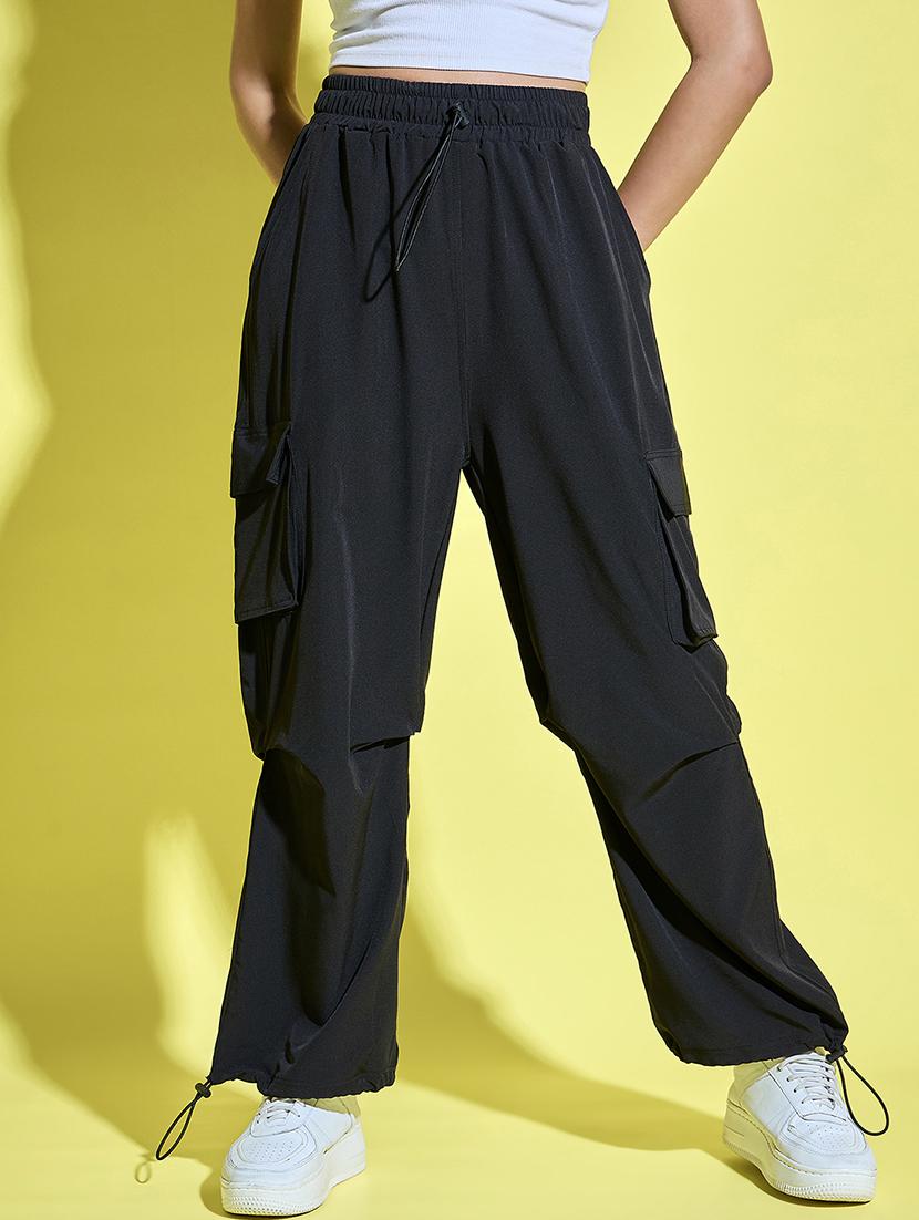 women solid high rise parachute pants