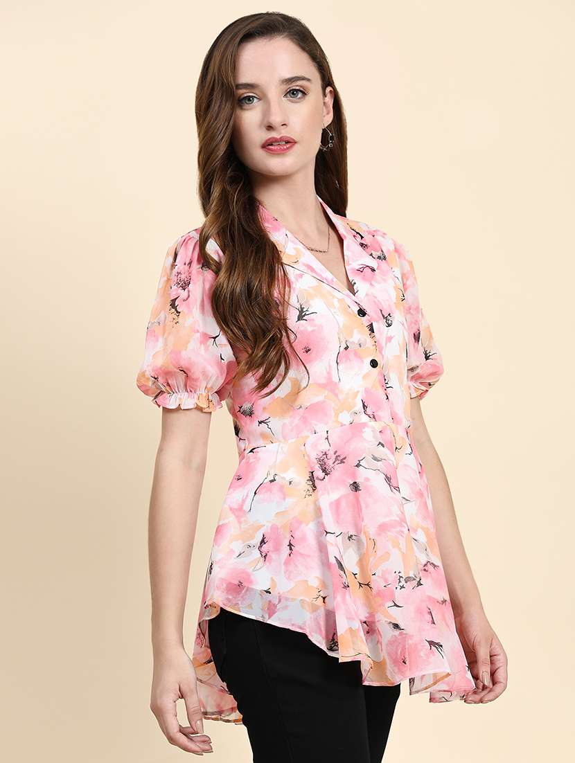 women printed puff sleeves asymmetric top - 21374302 -  Standard Image - 2
