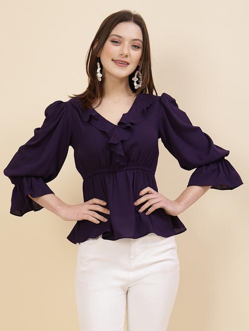 women solid puff sleeves peplum top - 21375513 - Standard Image - 0
