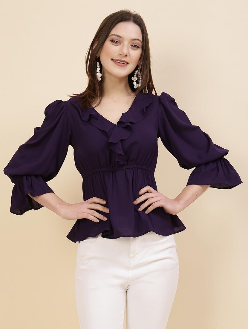 women solid puff sleeves peplum top - 21375513 - Zoom Image - 0