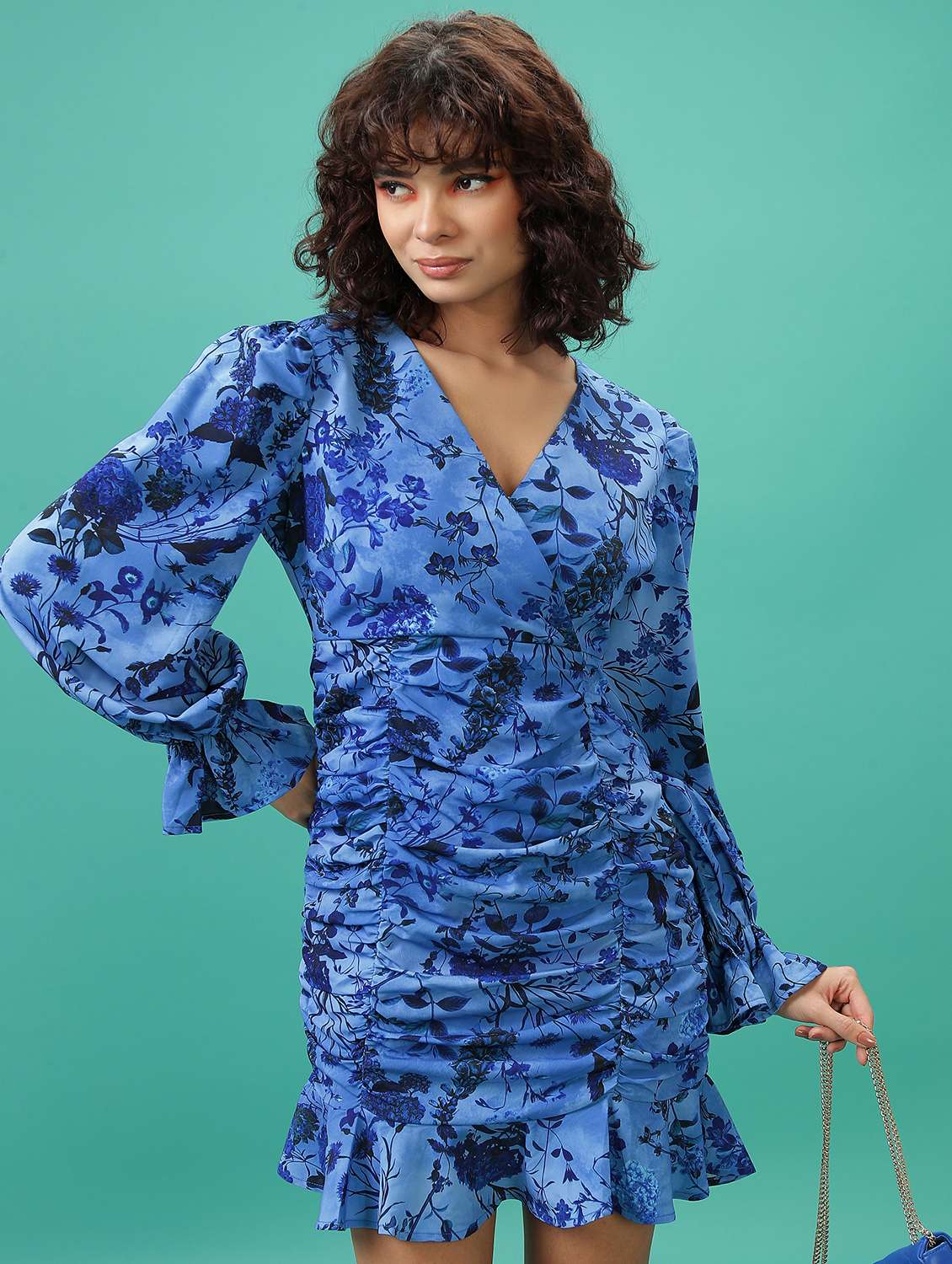 women blue cotton blend sheath dress