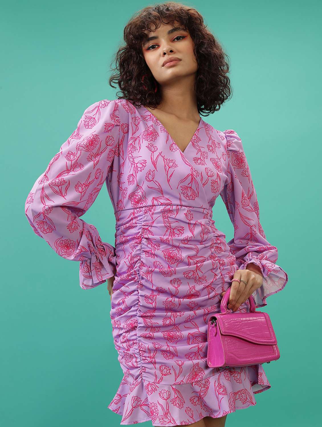 women printed overlap neck ruched dress