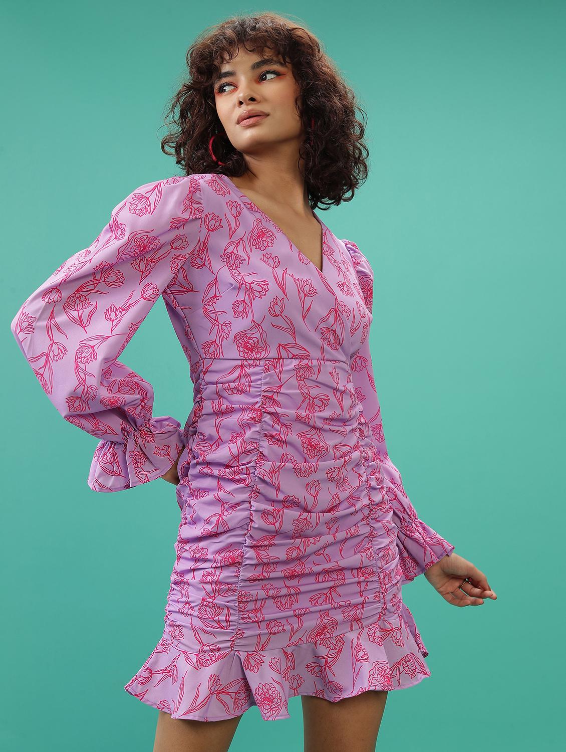 women printed overlap neck ruched dress - 21375790 - Standard Image - 2