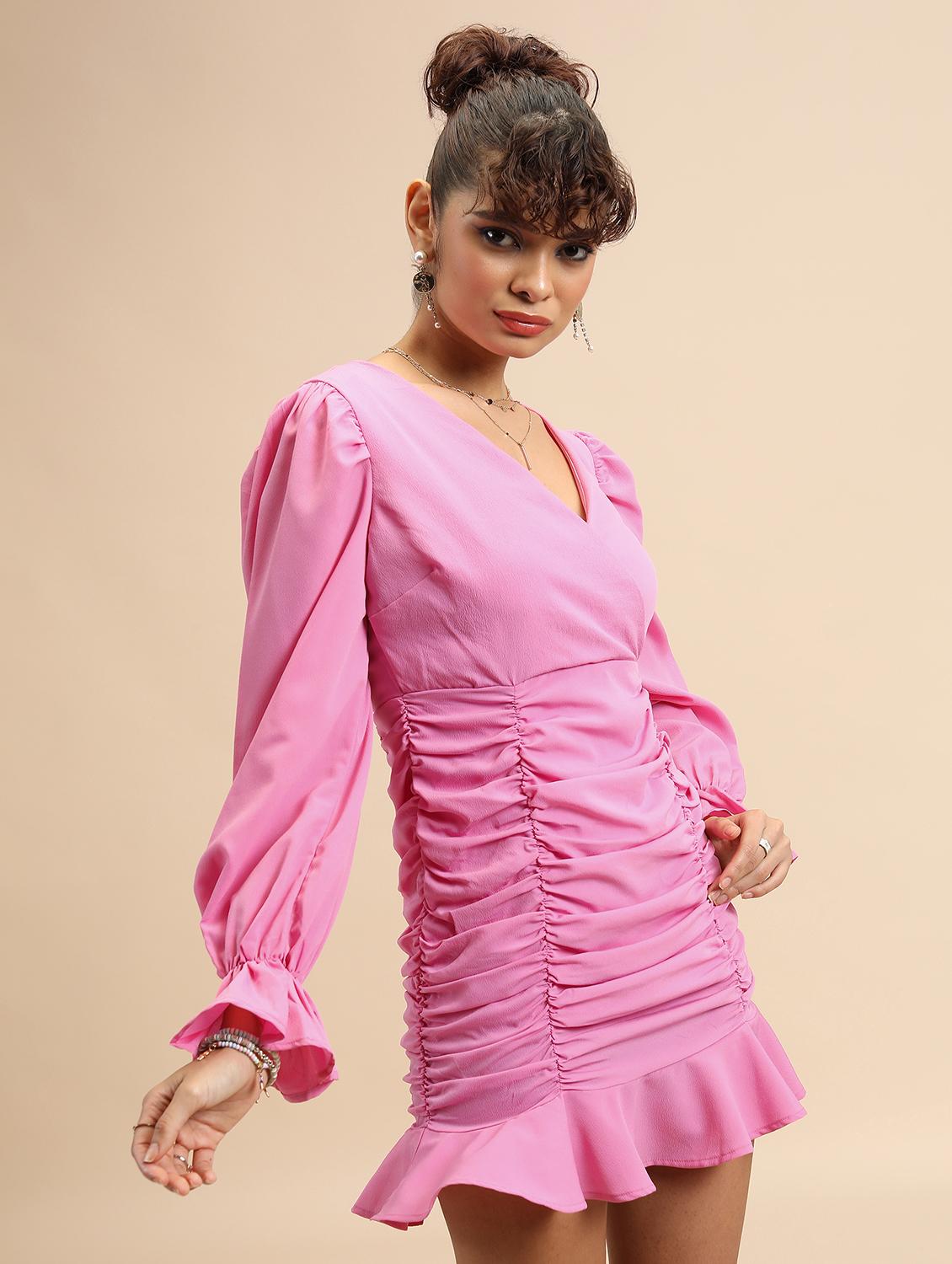 women solid pink gathered sheath dress - 21375792 - Standard Image - 2