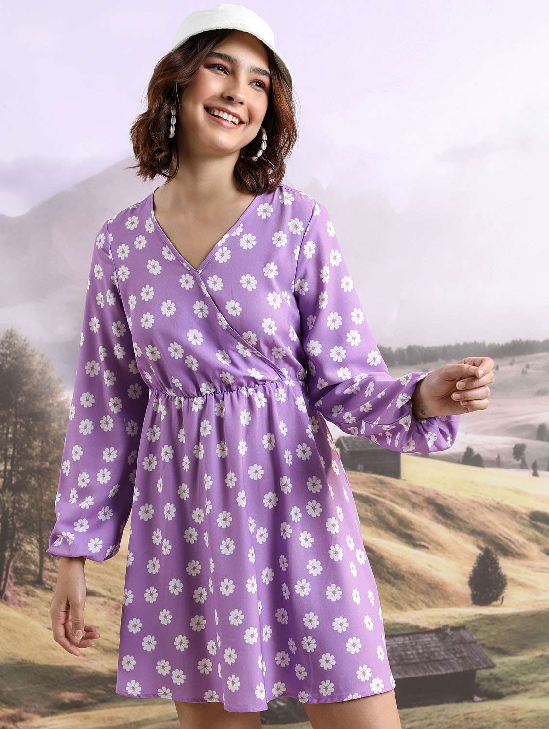 women purple cotton blend a-line dress