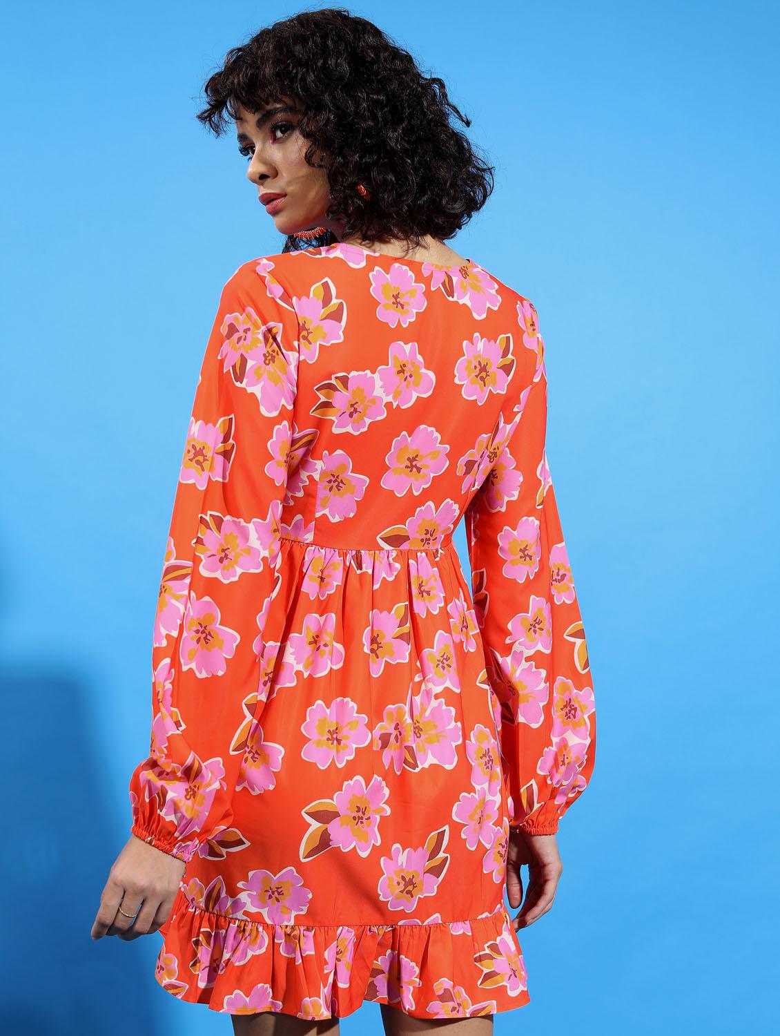 orange floral printed wrap dress - 21375830 - Standard Image - 2