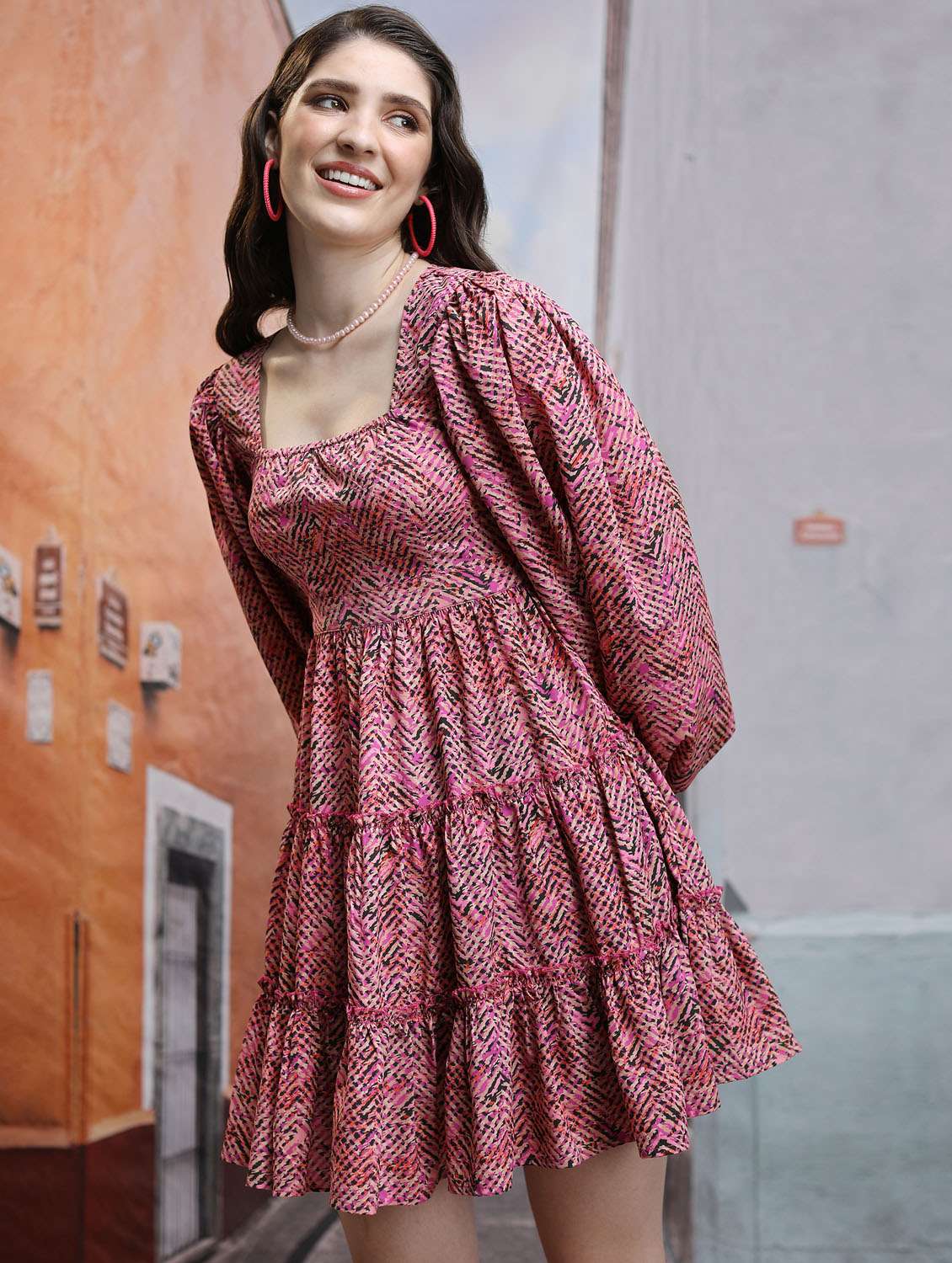 women pink cotton blend tiered dress - 21375834 -  Standard Image - 2