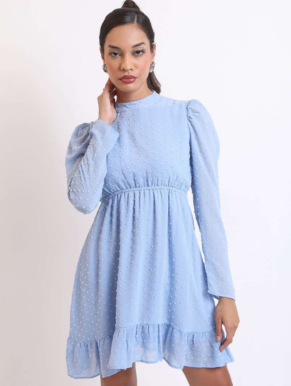 women light blue self design a-line dress