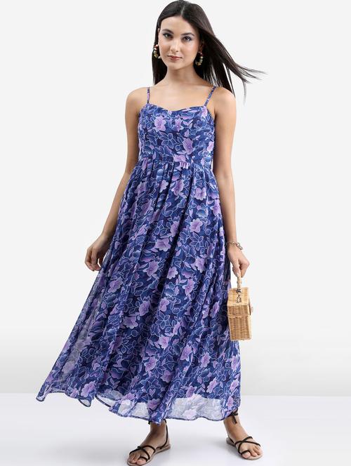 blue floral printed a-line dress - 21375938 - Standard Image - 0