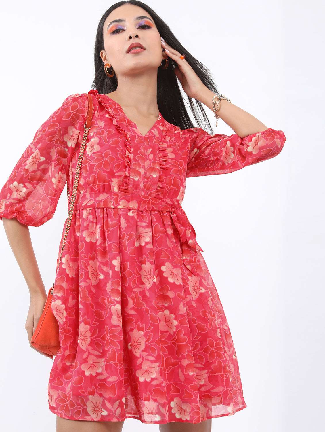 pink floral printed blouson dress