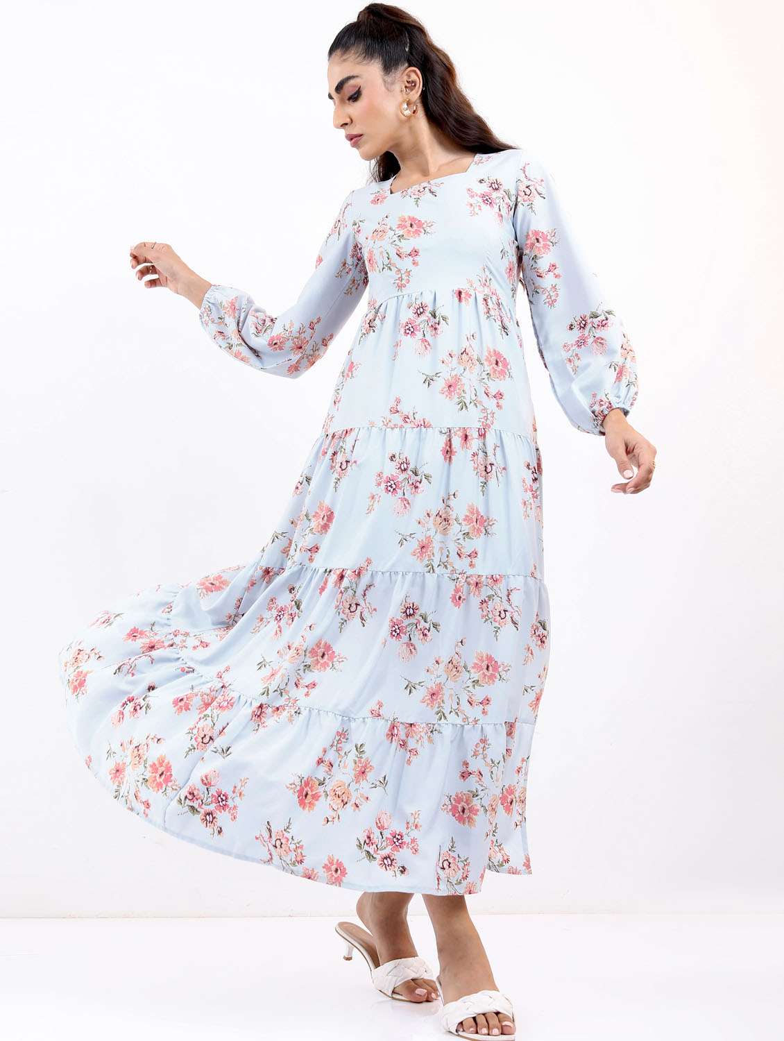 light blue floral printed a-line dress - 21375988 -  Standard Image - 2