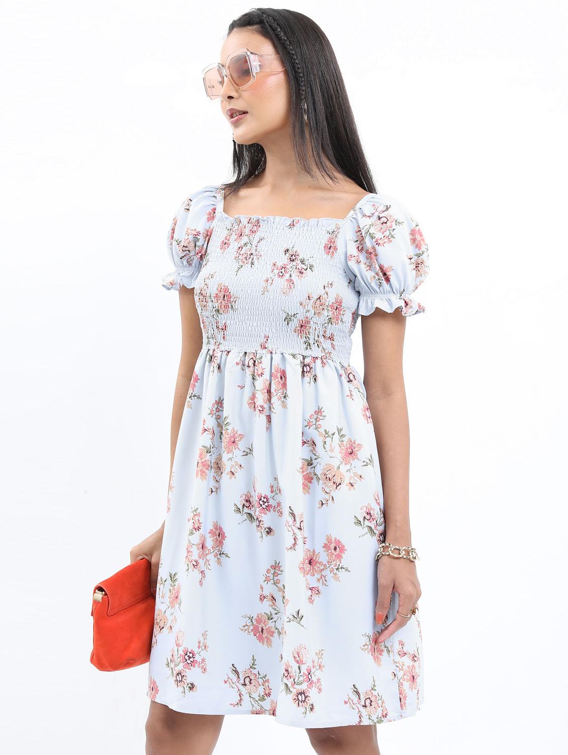 light blue floral printed blouson dress - 21375992 - Zoom Image - 0