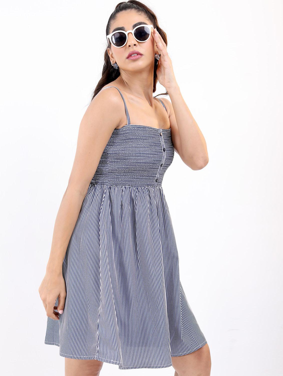 women navy blue striped a-line dress