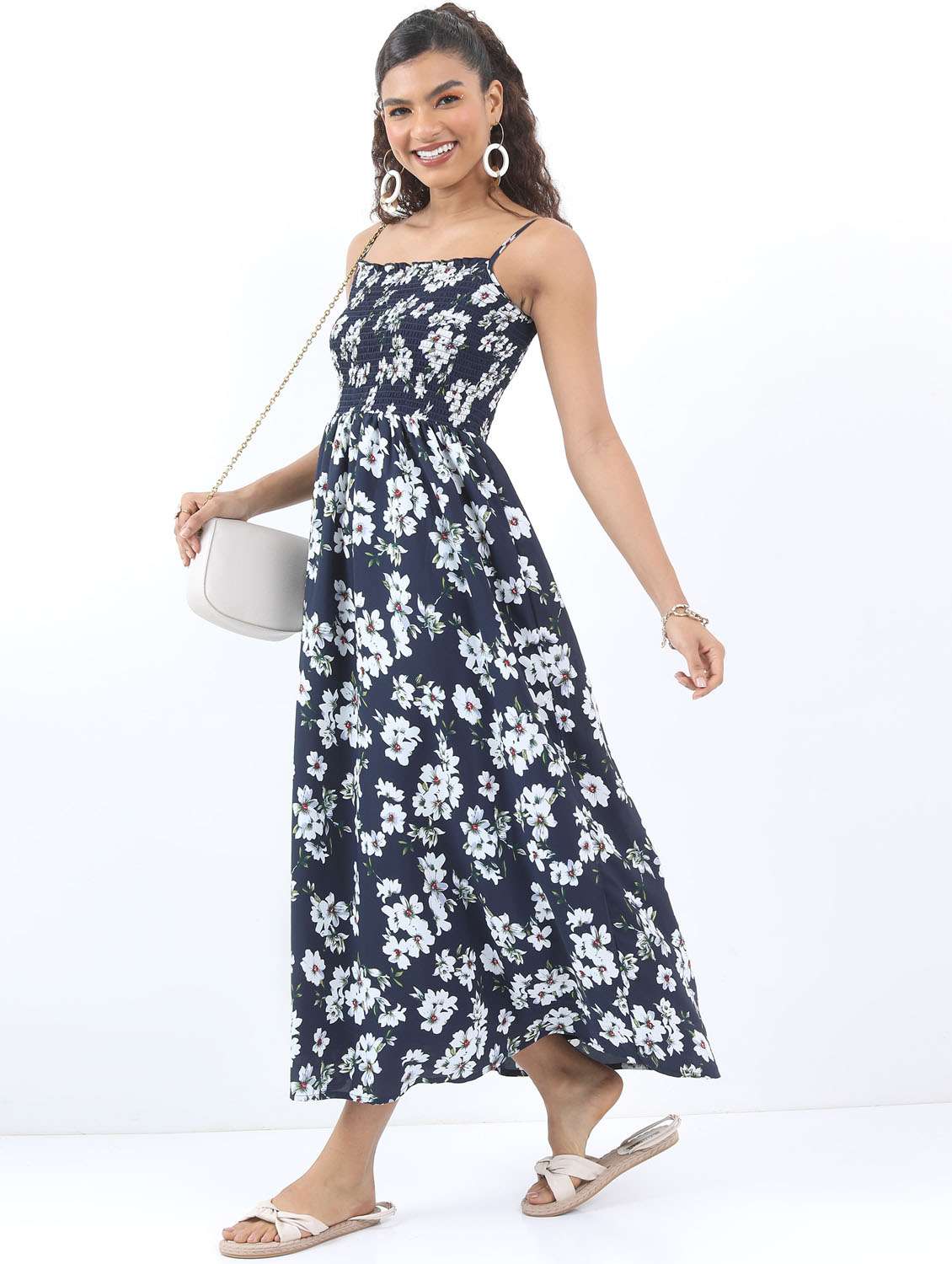 navy blue floral printed a-line dress - 21376000 -  Standard Image - 2