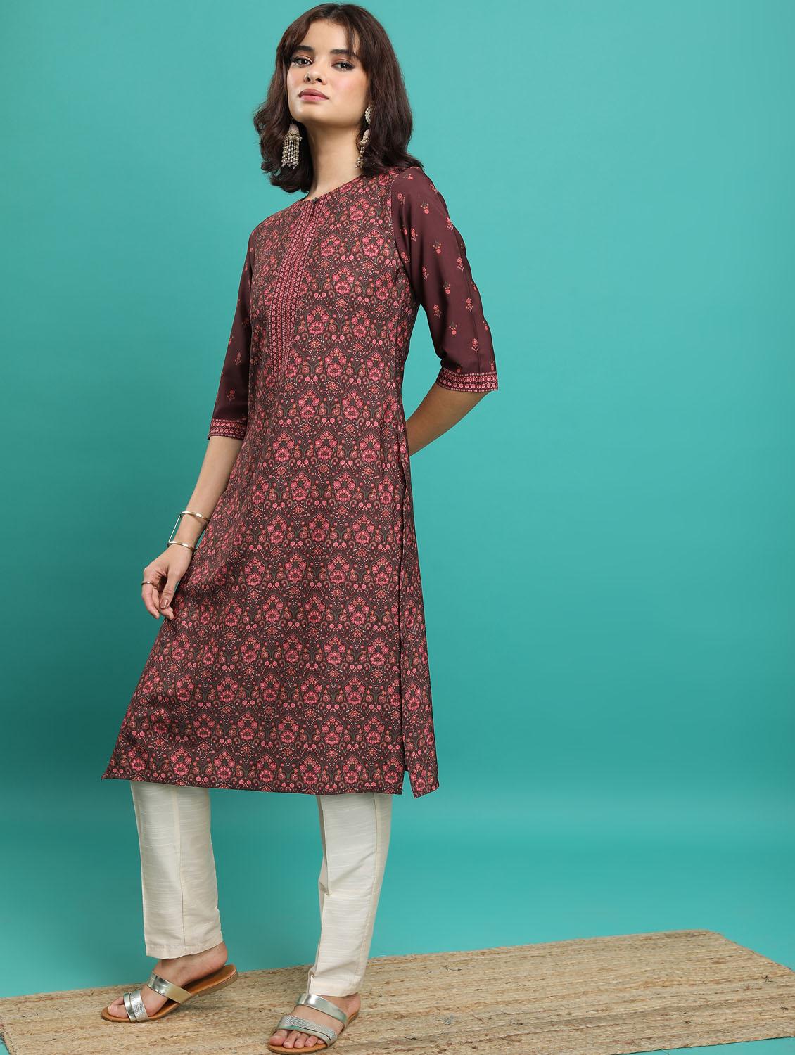 women three quarter sleeve straight kurta - 21376055 - Standard Image - 2