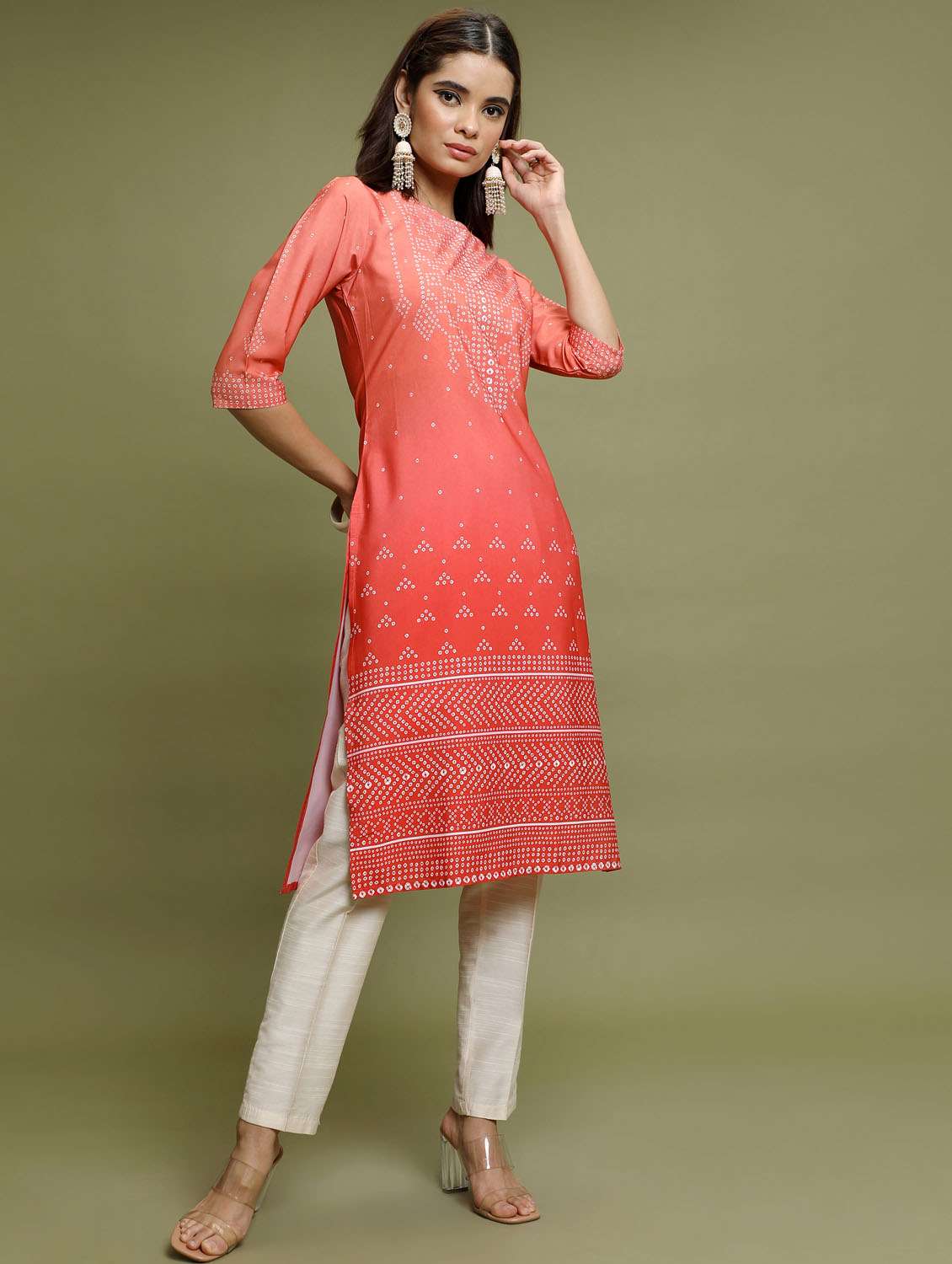 women three quarter sleeve straight kurta - 21376056 -  Standard Image - 2