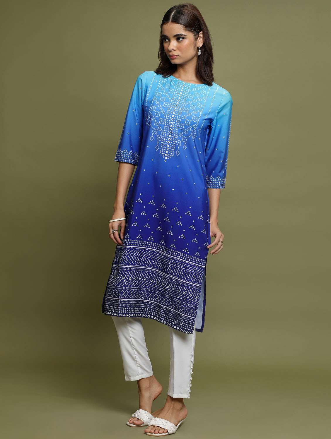 women three quarter sleeve straight kurta - 21376058 - Standard Image - 2