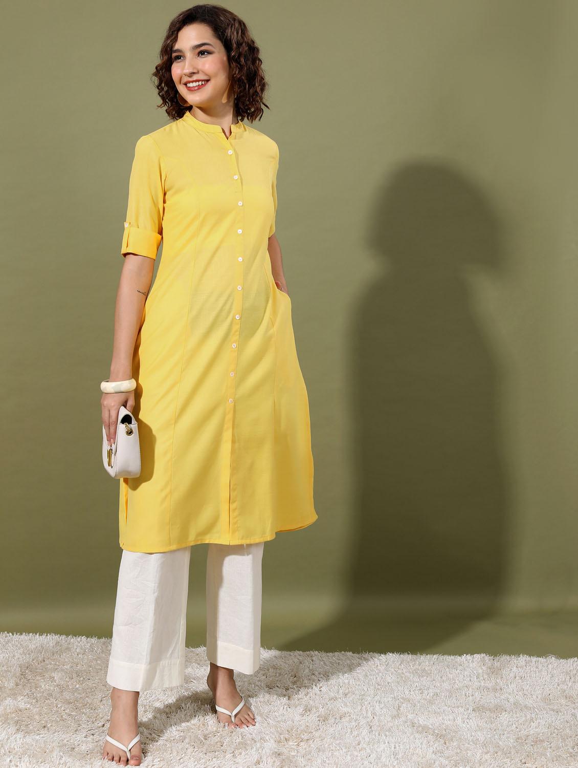 women yellow solid roll up sleeve a-line kurta - 21376070 - Zoom Image - 0