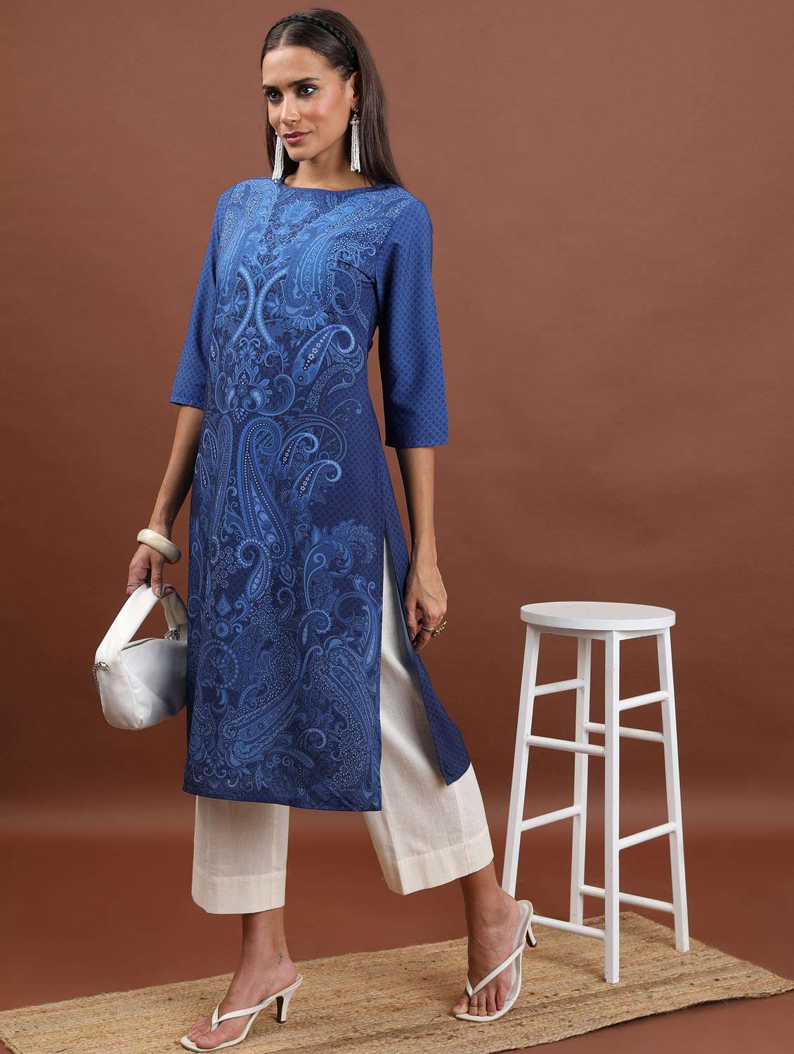 women three quarter sleeve straight kurta - 21376075 -  Standard Image - 2
