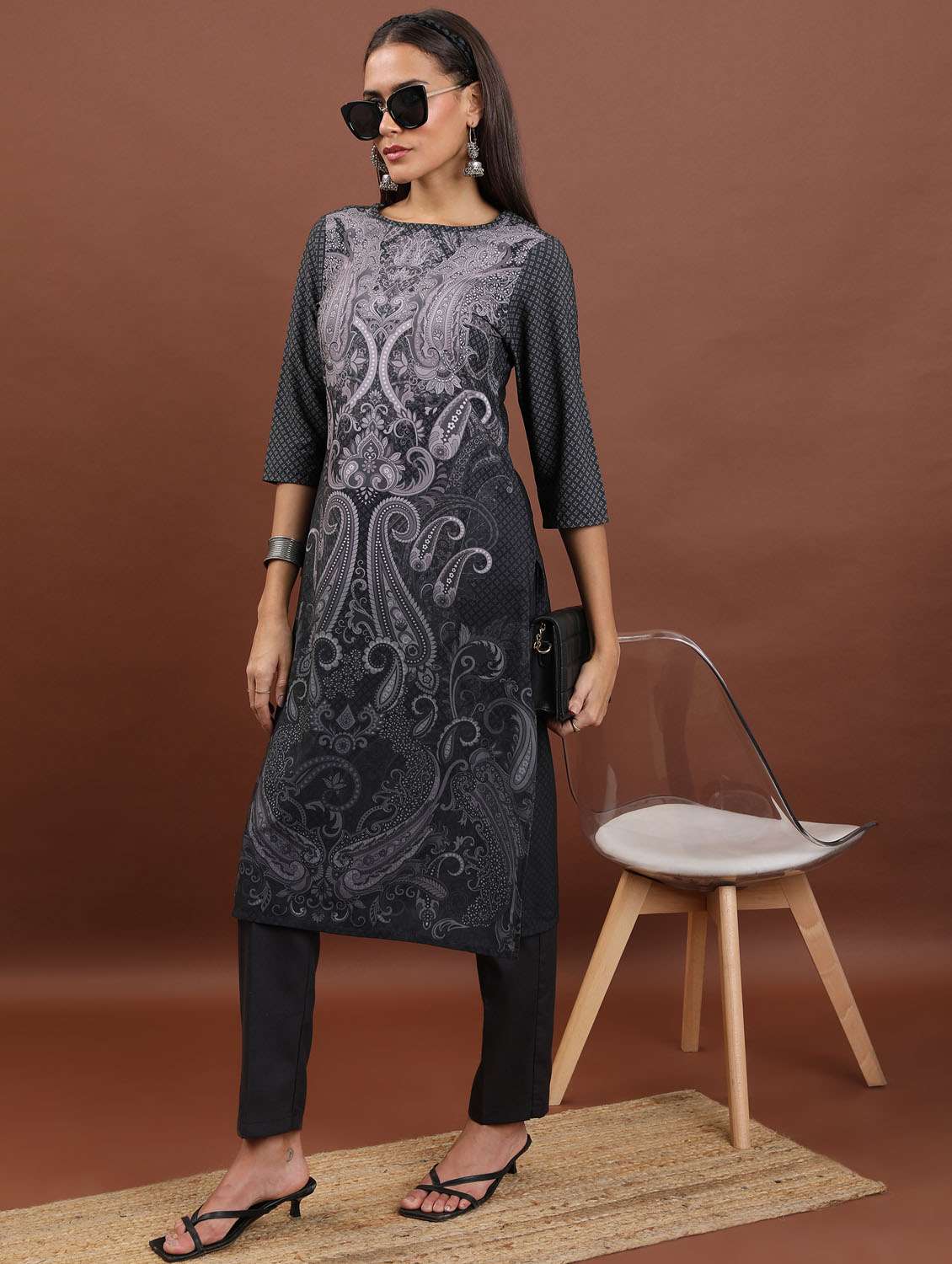 women three quarter sleeve straight kurta - 21376077 -  Standard Image - 2