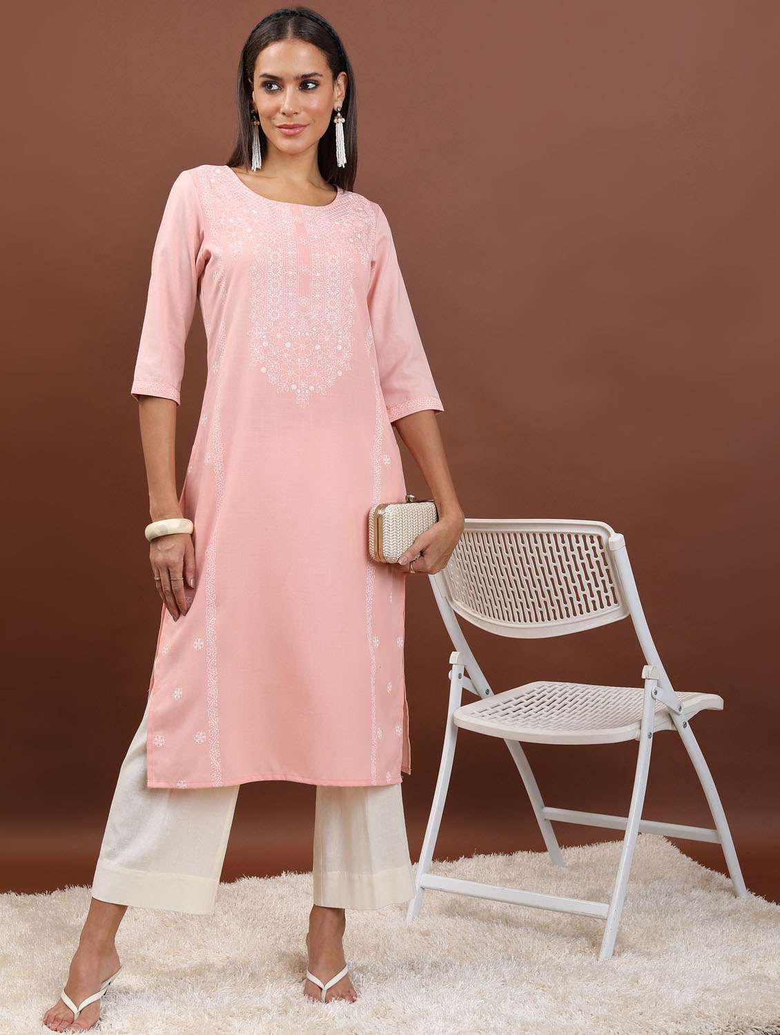 women three quarter sleeve straight kurta