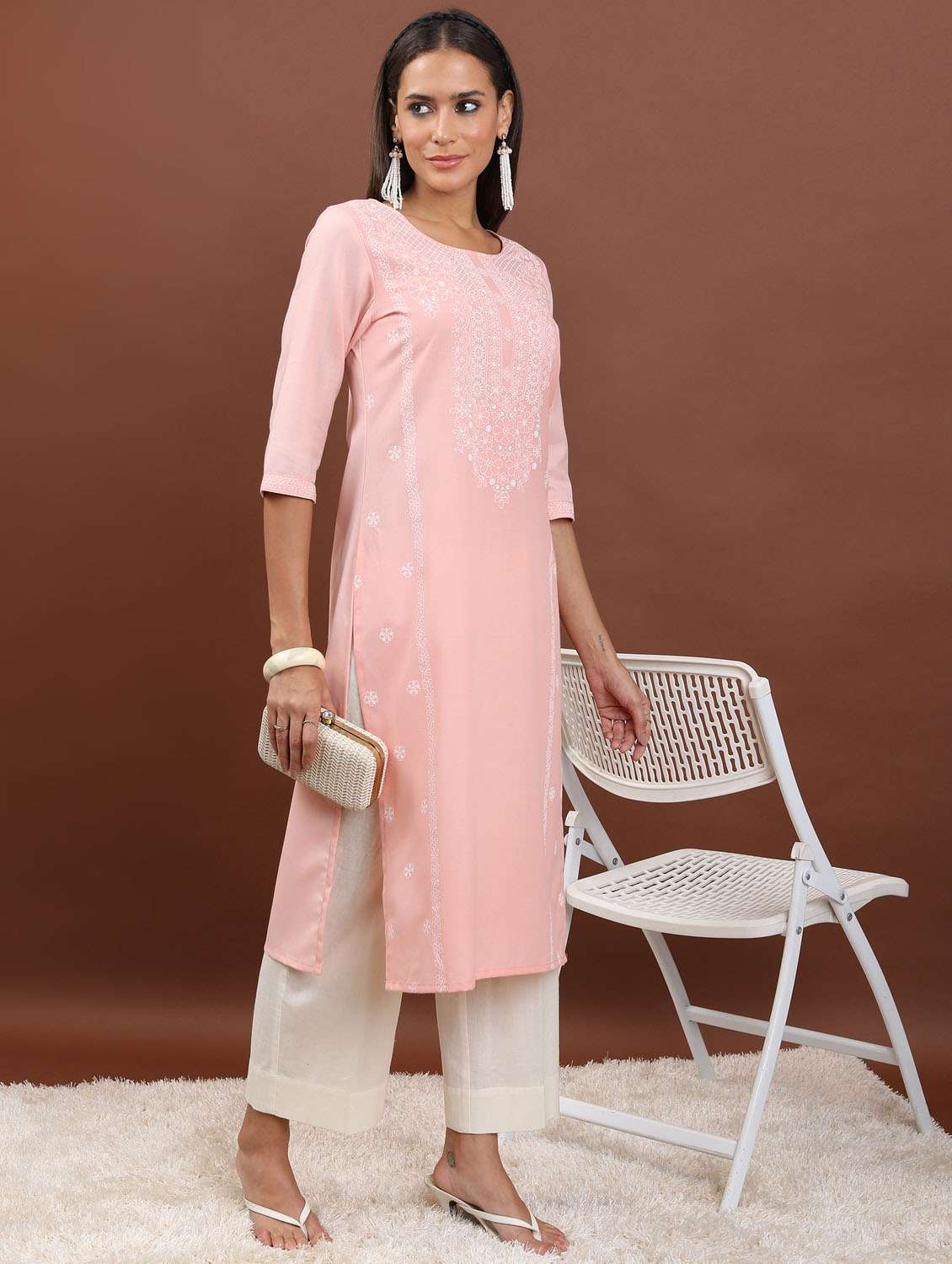 women three quarter sleeve straight kurta - 21376083 -  Standard Image - 2