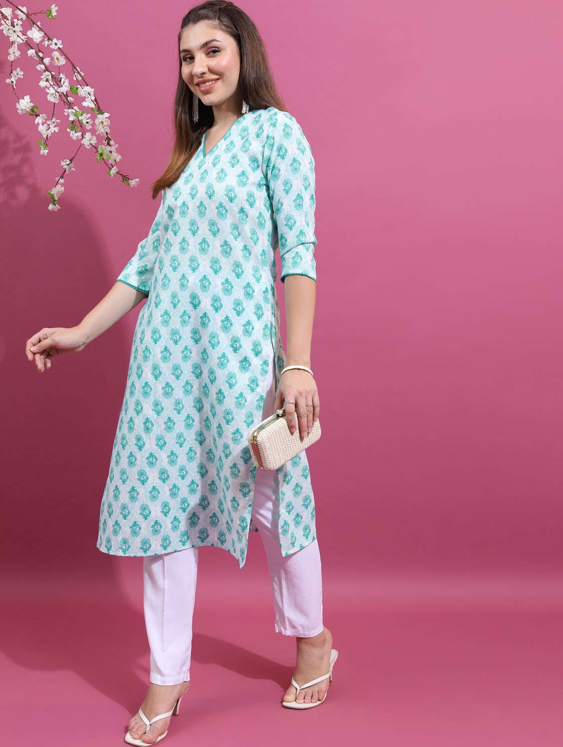 women three quarter sleeve straight kurta - 21376090 -  Standard Image - 2