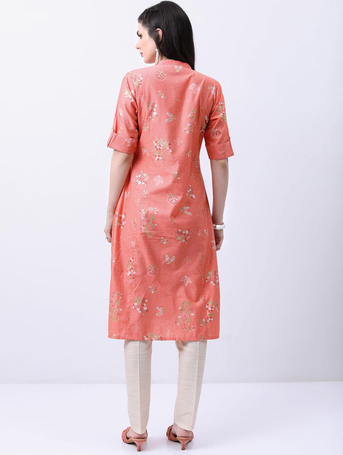 peach printed roll up sleeve a-line kurta - 21376094 - Standard Image - 2