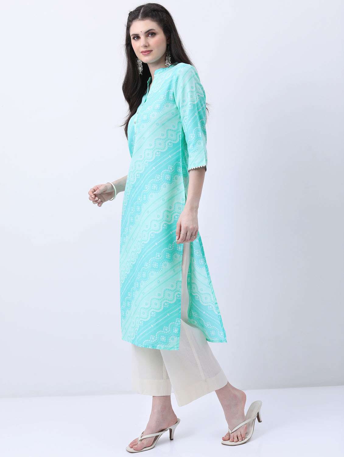 women three quarter sleeve straight kurta - 21376099 -  Standard Image - 2