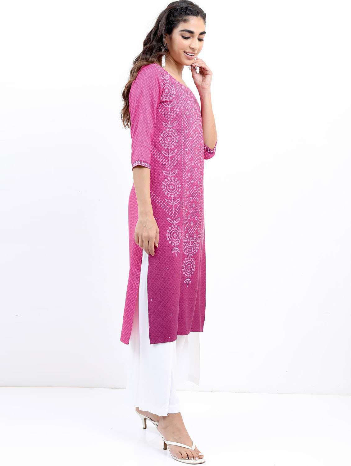 women three quarter sleeve straight kurta - 21376115 -  Standard Image - 2