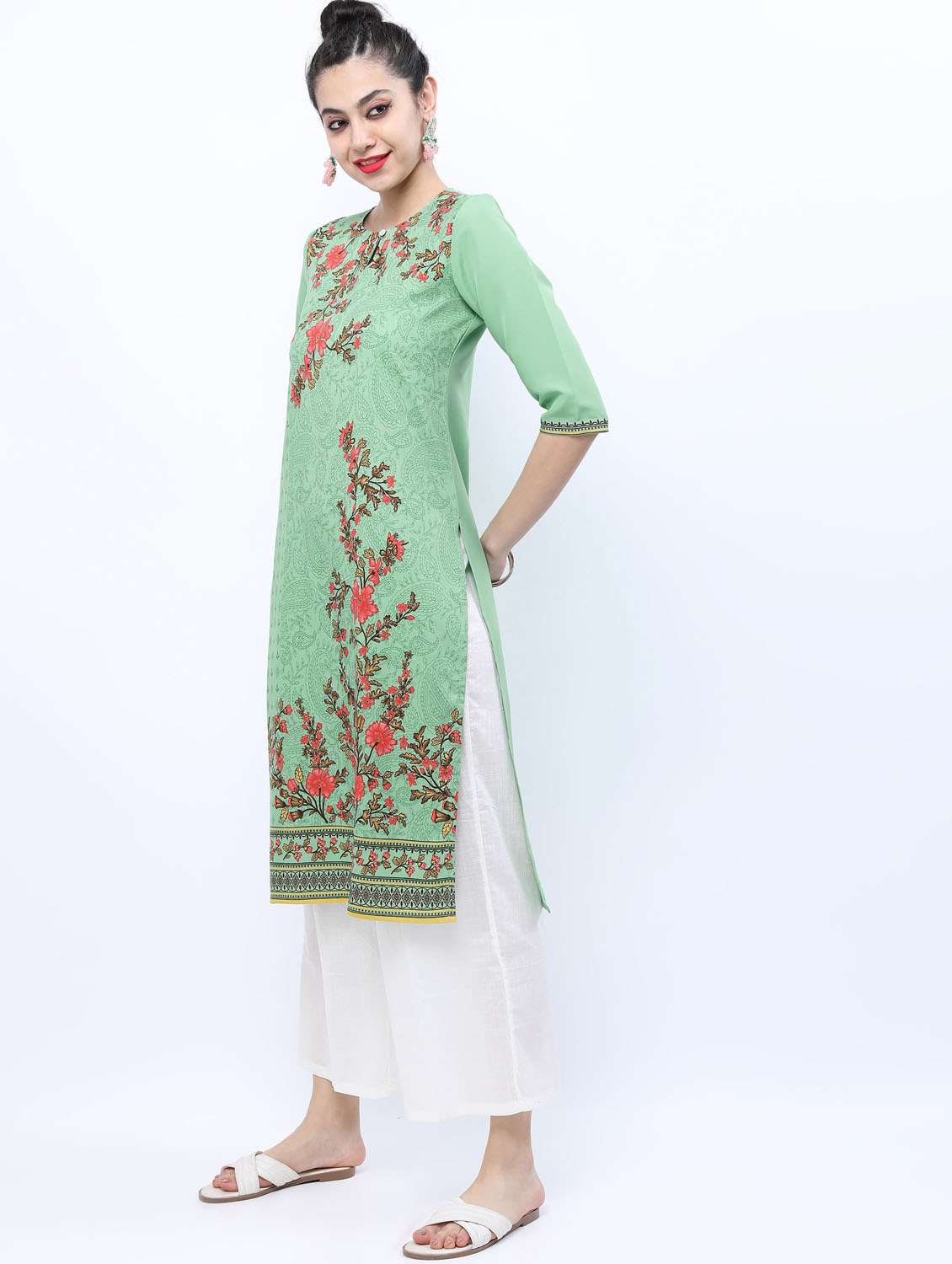 women three quarter sleeve straight kurta - 21376120 -  Standard Image - 2