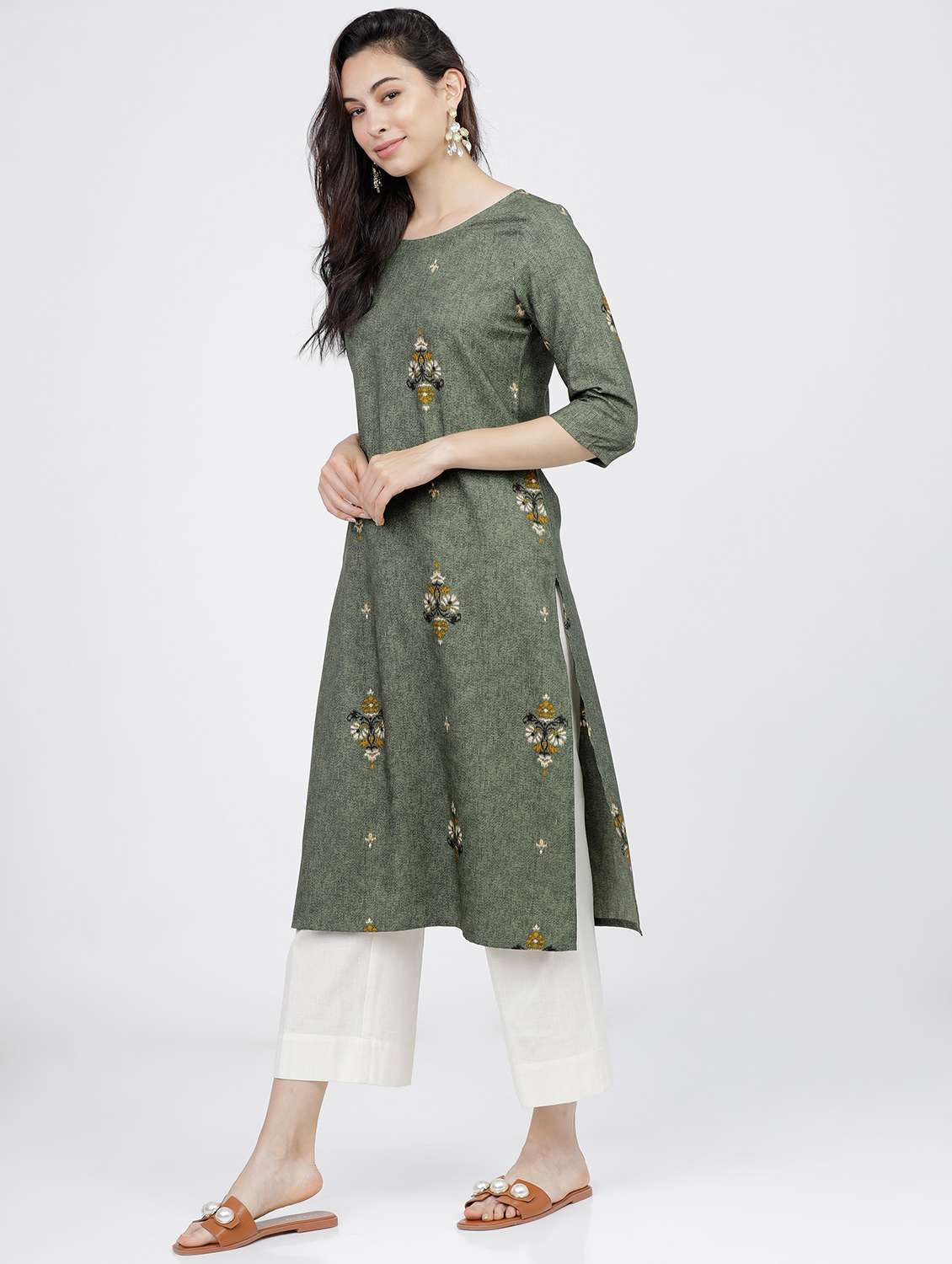 women three quarter sleeve straight kurta - 21376160 - Standard Image - 2