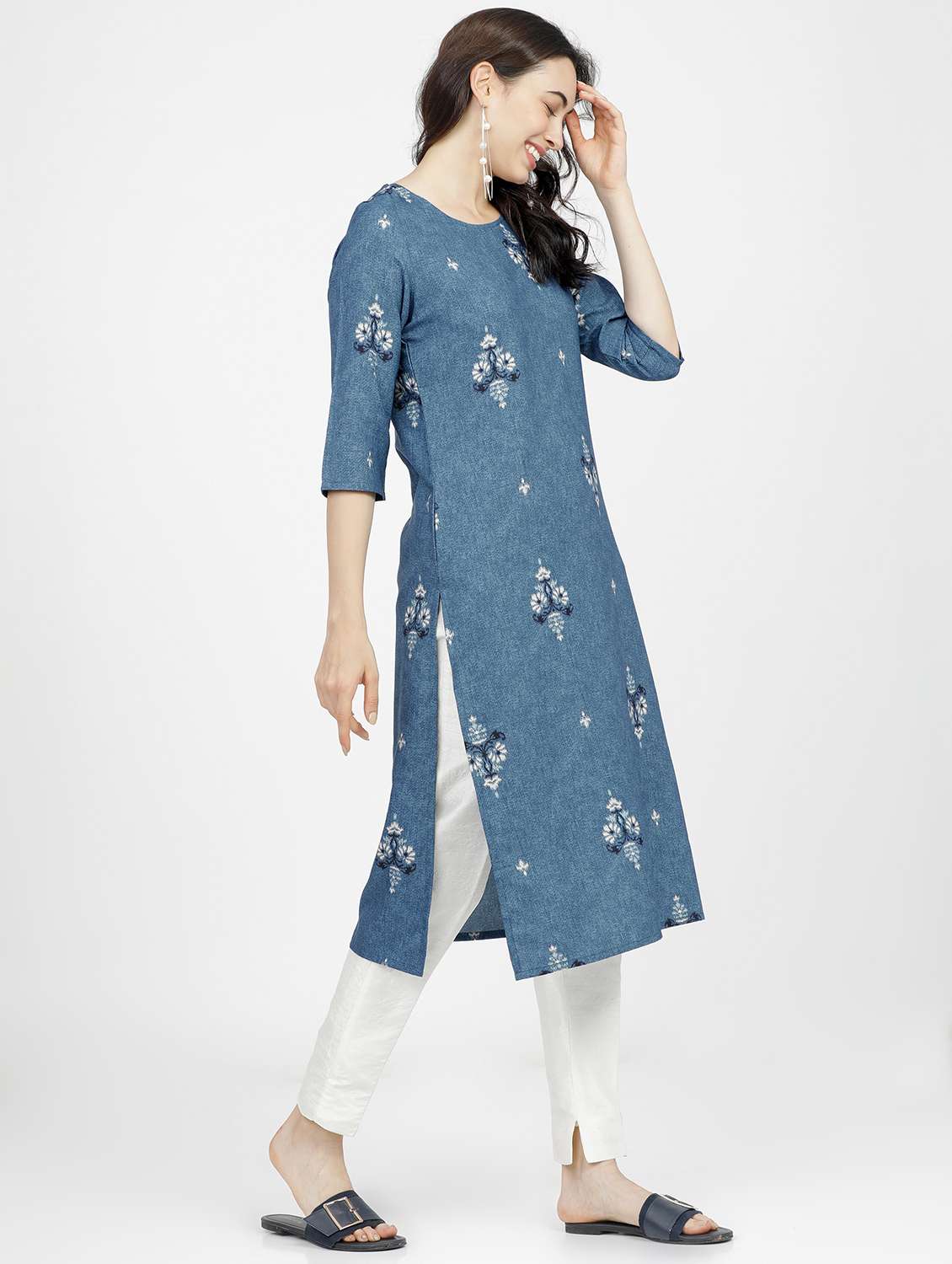 women three quarter sleeve straight kurta - 21376161 -  Standard Image - 2